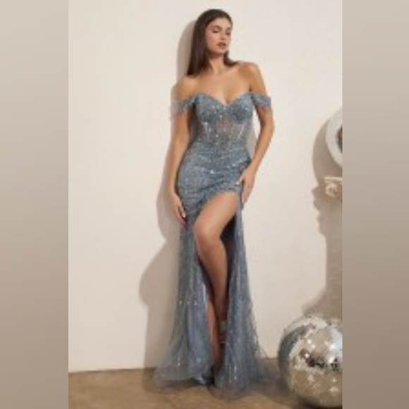 Emerald green,pink,blue,purple, off shoulder sequin long gown - Picture 5 of 9